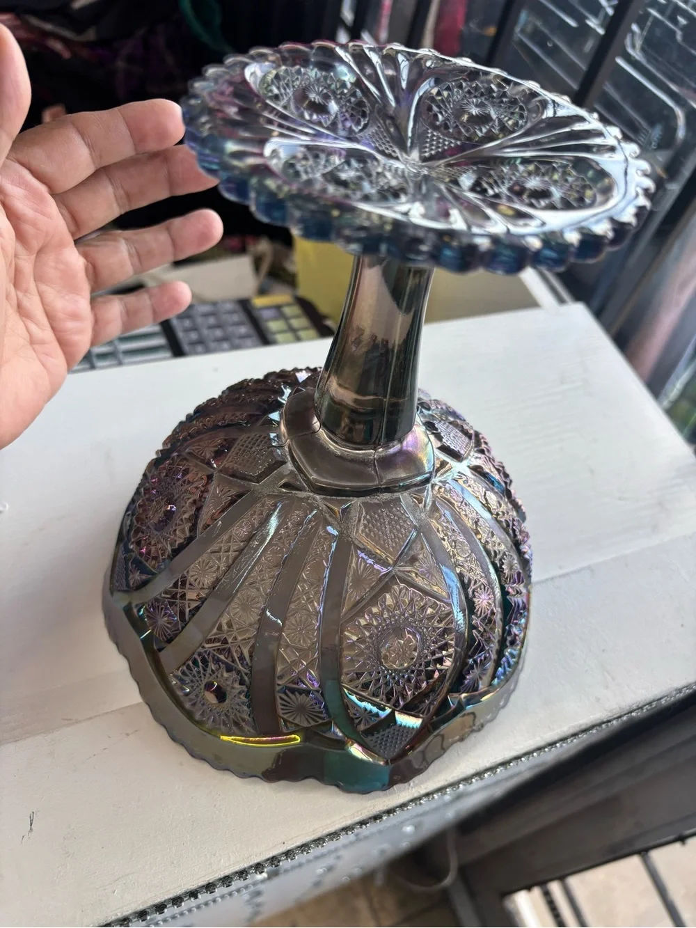 Iridescent Purple Glass Compote Pedestal Vase - Decorative Centerpiece